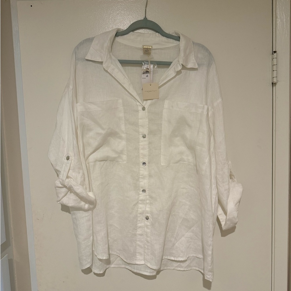 Magaschoni New With Tags White Linen Button down Shirt size Large